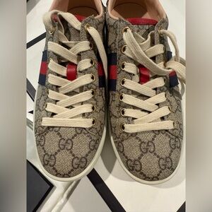 Gucci Beige Monogram Sneakers with Red and Navy Accents size 36